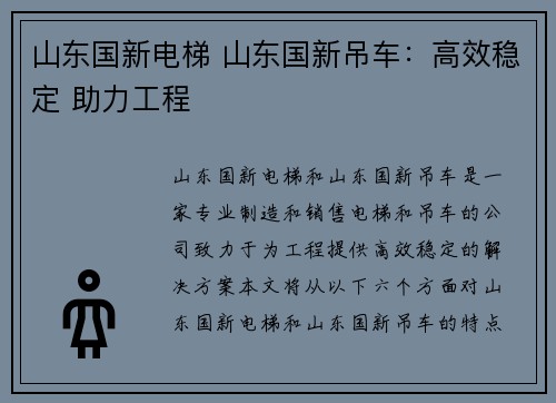 山东国新电梯 山东国新吊车：高效稳定 助力工程